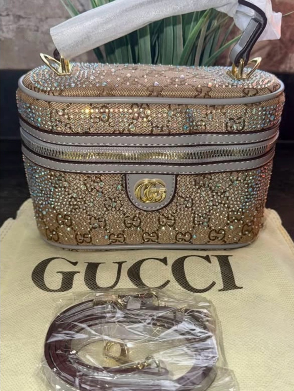 Gucci Gold Crystal Monogram Vanity Case/Crossbody